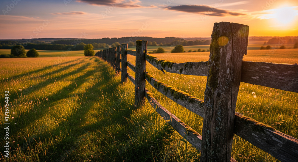 Obraz premium Rustic Wooden Fence with Countryside Bokeh