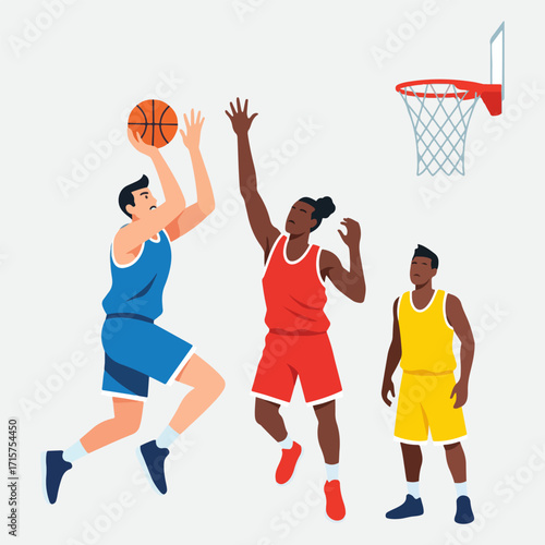Flat design vector illustration of people playing basketball