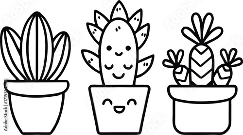 Cute Cartoon Cactus and Succulent Plants in Pots