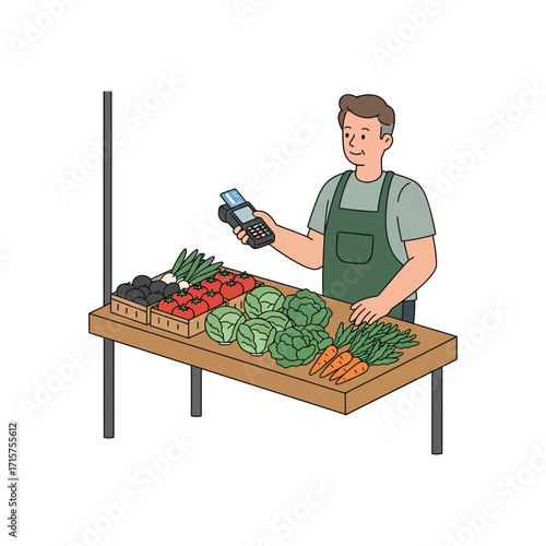 Vector art of a vendor holds a payment terminal at a market stall filled with fresh produce
