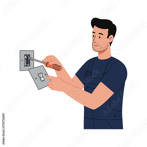 Vector art of electrician installing a light switch with a screwdriver