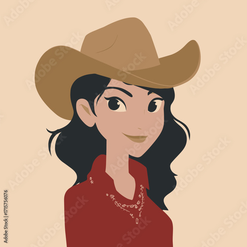 A confident woman with long dark hair wearing a cowboy hat and a red shirt poses with a smile. She features a braided necklace, creating a laid-back western vibe.