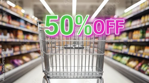 Supermarket Shopping Cart with 50% Off Discount Promotion in Bright Retail Aisle for Sales and Bargain Advertising