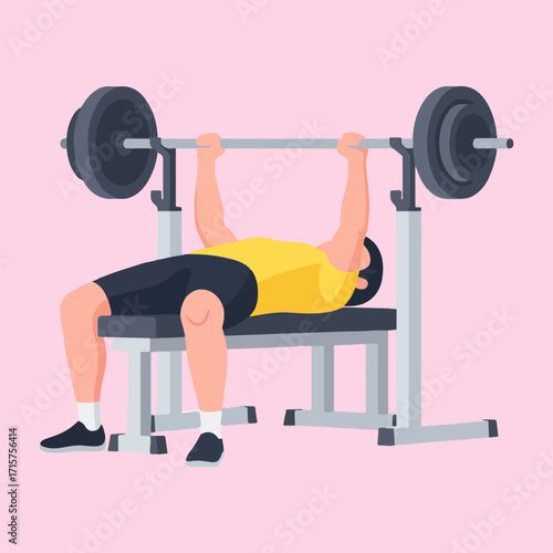 Flat design vector illustration of a person doing bench press exercise with a barbell