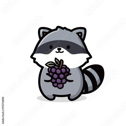 A charming raccoon character stands happily while holding a bunch of purple grapes. The design features bold lines and a fun, friendly expression, making it delightful.