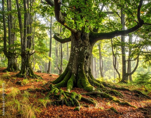 Lush forest scene with ancient trees