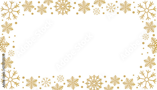 Christmas frame with gold stars and snowflakes in minimalist line art style, arranged on transparent background with plenty of space
