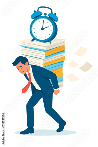 Overwhelmed businessman struggles under heavy workload with clock symbolizing urgent deadlines and stress