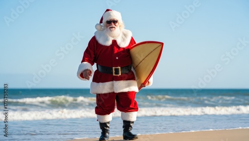 Fotografie Santa Claus Surfs Beach Christmas Summer Holiday
