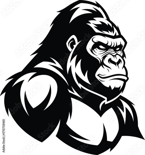 Wallpaper Mural 
Gorilla mascot with an angry, aggressive expression, black and white illustration of a powerful silverback ape head. Torontodigital.ca