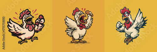 Three cheerful chicken characters with distinct poses display excitement and energy against a vibrant yellow backdrop. Each chicken holds food and expresses joy.