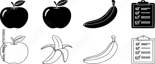 Apple, Banana, and Diet Plan line and Solid Icon set. Vector illustration of Healthy Eating and Nutrition