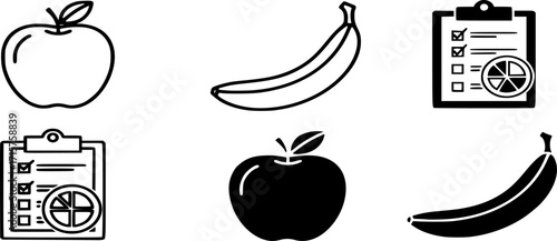 Apple, Banana, and Diet Plan line and Solid Icon set. Vector illustration of Healthy Eating and Nutrition
