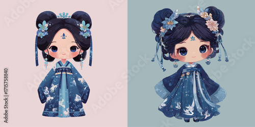 Two adorable characters dressed in traditional attire stand against pastel backgrounds. Their outfits feature intricate patterns and accessories, showcasing artistic details.