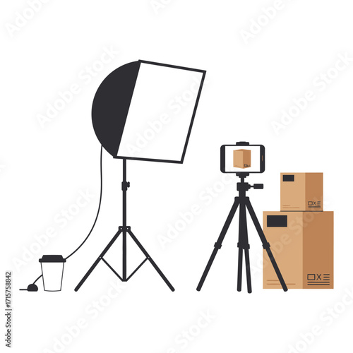 Vector art of studio setup for product photography with softbox, camera on tripod, and boxes