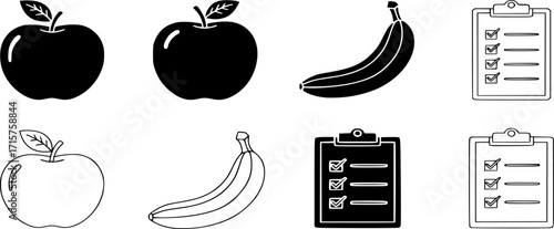 Apple, Banana, and Diet Plan line and Solid Icon set. Vector illustration of Healthy Eating and Nutrition