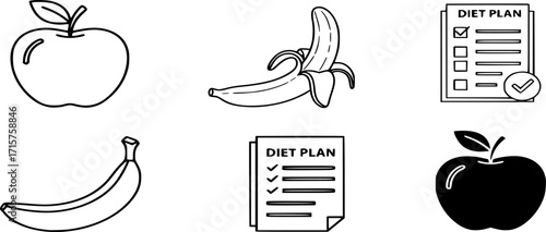 Apple, Banana, and Diet Plan line and Solid Icon set. Vector illustration of Healthy Eating and Nutrition