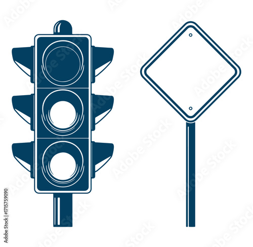 Simple illustration of a traffic light with blank road sign design in dark blue color