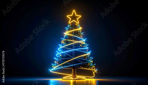 A vibrant Christmas tree, outlined in striking neon blue and yellow lights, stands against a dark backdrop, radiating festive cheer.