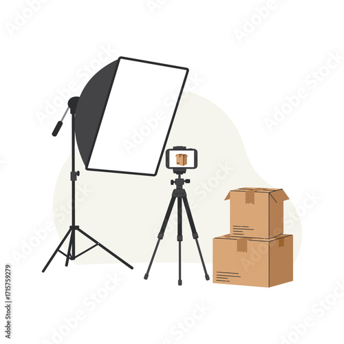 Illustration of a product photography setup with a softbox, camera on tripod, and cardboard boxes