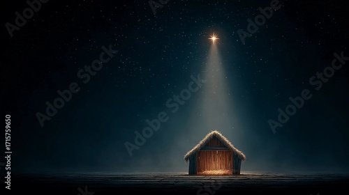 Nativity scene with star shining over stable on a dark night