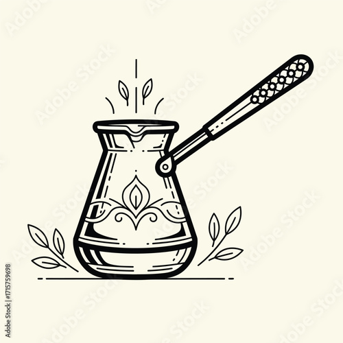 Traditional Turkish Coffee Pot with Decorative Engravings and Steam.