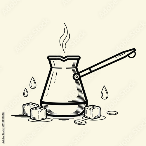 Turkish coffee pot with ice cubes and coffee beans vintage style illustration.