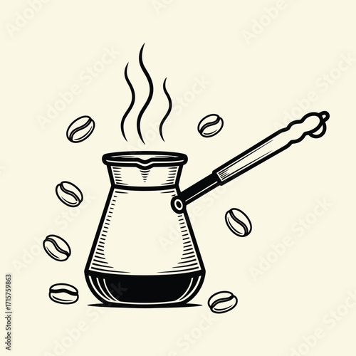 Traditional Turkish coffee pot with coffee beans and steam illustration.
