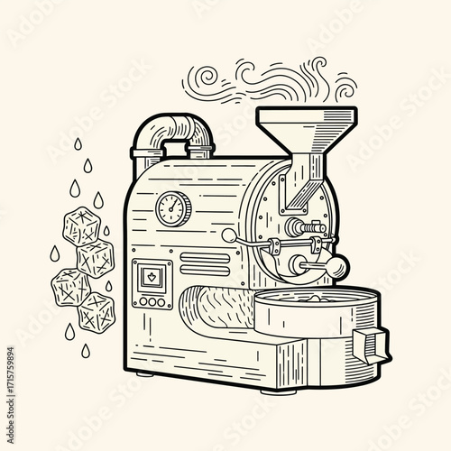 Vintage Coffee Roaster Machine Illustration with Steam and Beans.