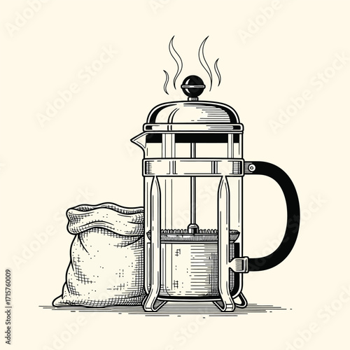 Vintage French Press Coffee Maker with Steaming Hot Coffee and Coffee Bean Sack.