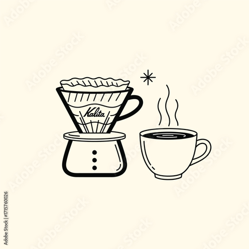 Coffee brewing equipment and cup illustration for morning beverage.