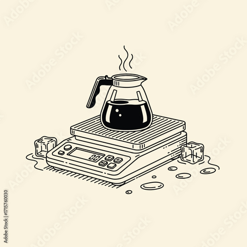 Coffee brewing process precise measurement digital scale glass carafe steaming hot coffee.