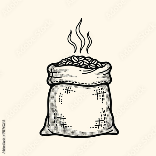 A burlap sack filled with freshly roasted coffee beans emitting steam.