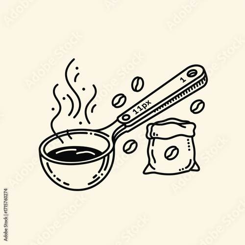 Coffee scoop with beans and bag illustration depicting brewing process.