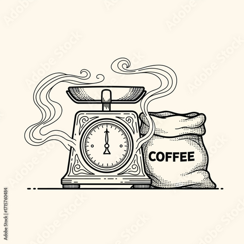Vintage Coffee Scale and Sack with Steam Hand Drawn Illustration.