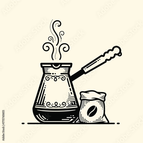 Stylized Turkish Coffee Pot with Steaming Coffee and Coffee Bean Sack.