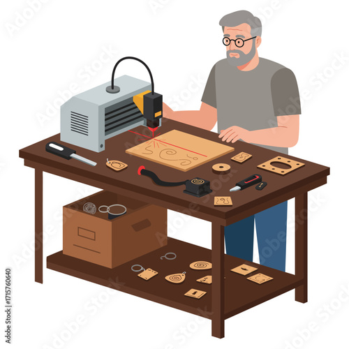 Slika na platnu Vector art of man operating a laser engraver machine on a wooden table with vari