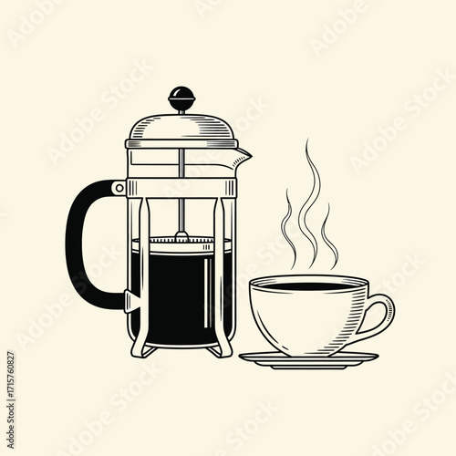 Vintage Style Drawing of a French Press and Hot Coffee.