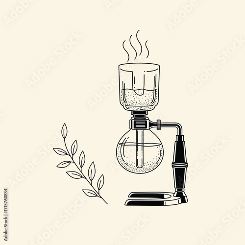 Vintage Siphon Coffee Maker with Steaming Hot Beverage.