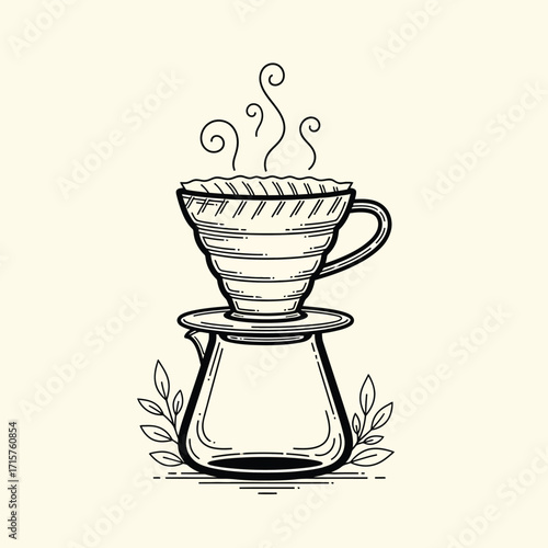 Hand Drawn Pour Over Coffee Maker with Steaming Coffee.
