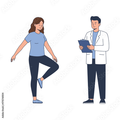 Vector art of a woman performing a balance exercise while a doctor holds a clipboard