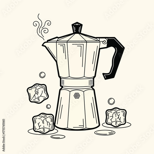 Elegant Italian Moka Pot Brewing Fresh Coffee with Ice Cubes.