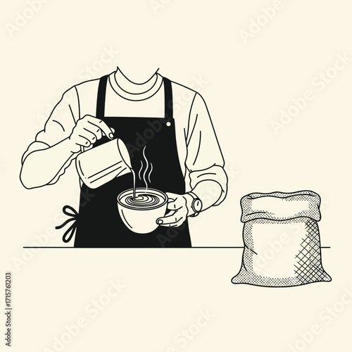 Hand drawn illustration of a barista making coffee.
