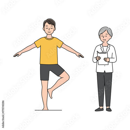 Vector art of a young man practices yoga tree pose while a doctor observes