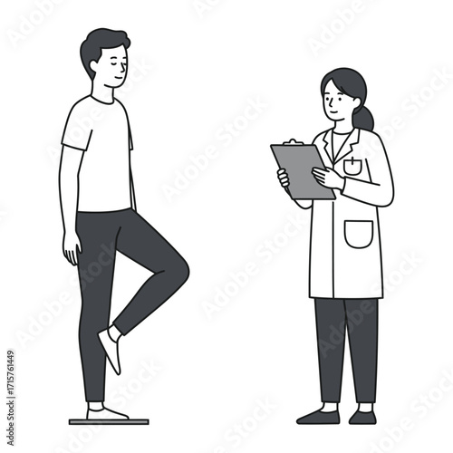 Vector art of doctor observing a patient performing a balance exercise on one leg