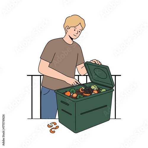 Vector art of man adding food scraps to a compost bin for organic waste recycling and garden fertilizer