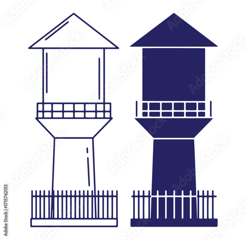 Two silhouetted water towers standing next to each other isolated on white background