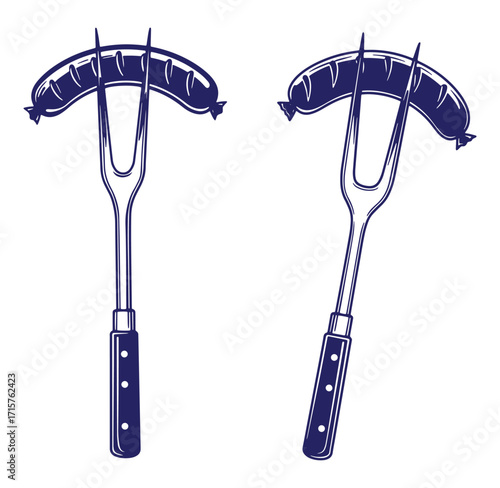 Two vintage style illustrations of sausages skewered on a grilling fork isolated on white background