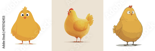 Three cartoon chickens are depicted in bright yellow. Each chicken has a distinct style, showcasing different shapes and features. They are charming and playful.