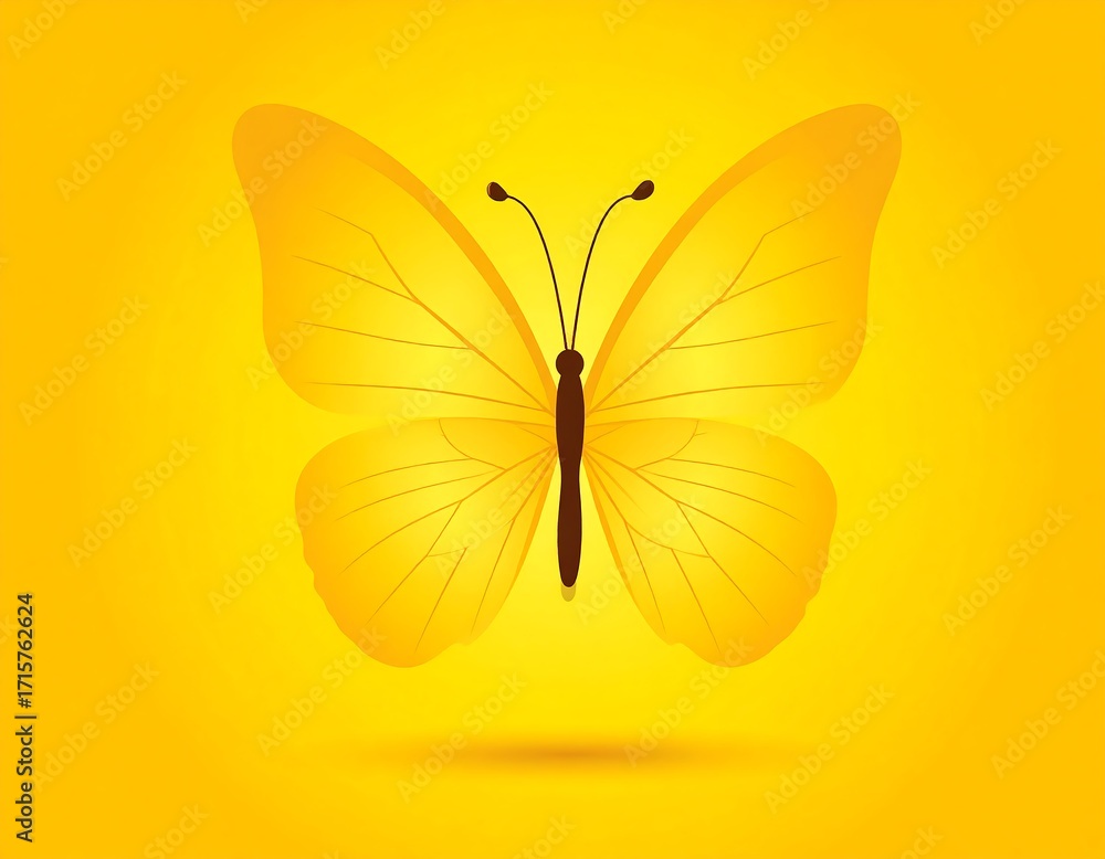 Fototapeta premium A vibrant yellow butterfly takes center stage against a bright yellow backdrop, showcasing intricate wing details and a feeling of joy.